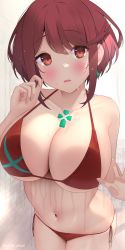 Rule 34 | 1girl, against glass, akira shiun, bikini, blush, breast press, breasts, cleavage, hair between eyes, hair ornament, highres, large breasts, leaning forward, looking at viewer, navel, open mouth, pyra (xenoblade), red bikini, red eyes, red hair, solo, steam, swimsuit, wet, xenoblade chronicles (series), xenoblade chronicles 2