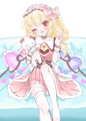 Rule 34 | 1girl, aorin oekaki, blonde hair, choker, flandre scarlet, frills, hair ornament, heart, heart-shaped pillow, highres, nail polish, one eye closed, open mouth, pillow, red eyes, sitting, solo, stuffed animal, stuffed toy, teddy bear, thighhighs, touhou, v, white thighhighs