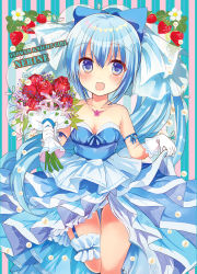 Rule 34 | blue eyes, blue hair, blush, bouquet, breasts, character name, clothes lift, collarbone, dress, flower, flower knight girl, food, fruit, hair ribbon, highres, looking at viewer, nerine (flower knight girl), open mouth, panties, ponytail, ribbon, skirt, skirt lift, small breasts, solo, strawberry, underwear