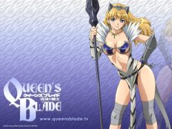 Rule 34 | 00s, 1girl, 2009, animal print, armor, belt, bikini armor, blonde hair, blue eyes, breasts, captain of the royal guard elina, cleavage, earrings, elina (queen&#039;s blade), elina (queen's blade), female focus, fur, gauntlets, headband, headdress, jewelry, large breasts, long hair, midriff, navel, necklace, official art, official wallpaper, polearm, queen&#039;s blade, solo, spear, tiger print, wallpaper, weapon