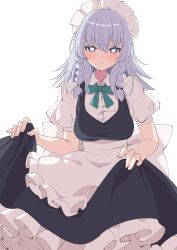 Rule 34 | 1girl, absurdres, apron, black dress, blue eyes, blush, braid, breasts, closed mouth, collared shirt, dress, frilled apron, frilled dress, frills, grey hair, highres, izayoi sakuya, large breasts, looking at viewer, maid apron, puffy short sleeves, puffy sleeves, shirt, short hair, short sleeves, simple background, smile, solo, touhou, tsukimirin, twin braids, waist apron, white apron, white background, white shirt