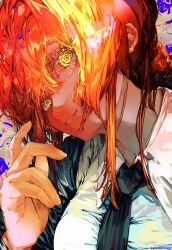 Rule 34 | 1girl, absurdres, black jacket, black necktie, braid, braided ponytail, chainsaw man, collared shirt, formal, gaku, head tilt, highres, jacket, looking at viewer, makima (chainsaw man), medium hair, necktie, parted lips, red hair, ringed eyes, shirt, sidelocks, smile, solo, suit, suit jacket, white shirt, yellow eyes