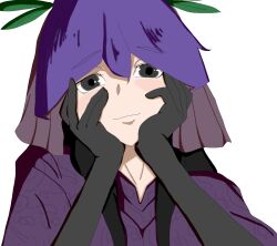 Rule 34 | 1girl, black eyes, blush, collared dress, dress, elbow gloves, eyebrows, gloves, hands on own face, hat, headdress, leaf, looking at viewer, mirai nikki, nose, parody, purple hair, smile, solo, touhou, unfinished dream of all living ghost, upper body, veil, white background, yandere, yandere trance, yomotsu hisami