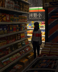 Rule 34 | 1girl, absurdres, arms at sides, black hair, black pants, bored, box, cardboard box, closed mouth, commentary, convenience store, guweiz, highres, indoors, jacket, long hair, long sleeves, looking away, night, original, pants, profile, shelf, shop, solo, standing, straight hair, symmetry, tile floor, tiles, white jacket, window