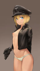 Rule 34 | 1girl, absurdres, aqua eyes, arm behind back, bad id, bad pixiv id, black gloves, black jacket, blonde hair, blue eyes, blush, breasts, cowboy shot, cropped jacket, erica hartmann, gloves, grey background, hair between eyes, hat, highres, jacket, kirii, leather, leather jacket, long sleeves, looking at viewer, military hat, navel, nipples, no bra, no pants, open clothes, open jacket, panties, peaked cap, short hair, simple background, small breasts, smile, solo, strike witches, underwear, white panties, world witches series