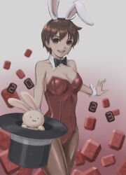 Rule 34 | 1girl, 2023, :d, absurdres, alternate costume, animal ears, bare shoulders, bow, bowtie, breasts, brown eyes, brown hair, chinese zodiac, cleavage, commentary, covered navel, detached collar, fake animal ears, hat, highres, kasugano sakura, leotard, looking at viewer, medium breasts, open mouth, pantyhose, playboy bunny, puzzle fighter, rabbit, rabbit ears, red leotard, short hair, smile, solo, strapless, strapless leotard, street fighter, street fighter zero (series), top hat, tyanoki, wrist cuffs, year of the rabbit