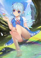Rule 34 | 1girl, absurdres, bare arms, bare legs, barefoot, blue eyes, blue hair, bow, breasts, cirno, commentary request, day, dress, dutch angle, feet, fingernails, foot focus, foreshortening, grin, hair bow, hand up, head tilt, highres, holding, ice, ice wings, impossible clothes, impossible dress, looking at viewer, medium hair, neck ribbon, outdoors, panties, pantyshot, ribbon, short sleeves, sidelocks, signature, sitting, small breasts, smile, soles, solo, splashing, toes, touhou, underwear, upskirt, v-shaped eyebrows, water, white panties, wings, xiumu bianzhou