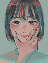 Rule 34 | 1girl, absurdres, aqua hair, black hair, blush, grey background, hand on own face, highres, huge filesize, looking at viewer, original, pink hair, portrait, profile, richard-kun, short hair, simple background, solo