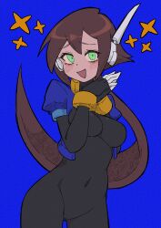 Rule 34 | 1girl, absurdres, aile (mega man zx), black bodysuit, blue background, blue jacket, blush, bodysuit, bodysuit under clothes, brown hair, buzzlyears, covered navel, cowboy shot, cropped jacket, faux traditional media, glowing, glowing eyes, green eyes, highres, jacket, long hair, mega man (series), mega man zx, mega man zx advent, no pants, open clothes, open jacket, open mouth, ponytail, robot ears, short sleeves, simple background, solo, star (symbol)