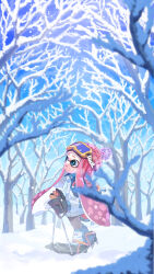 Rule 34 | 1girl, :d, absurdres, bare tree, beanie, black footwear, black gloves, blue jacket, blue sky, blurry, blurry foreground, boots, brown pants, commentary request, day, fang, gloves, goggles, goggles on headwear, green eyes, hat, highres, holding, holding ski pole, ink tank (splatoon), inkling, inkling girl, inkling player character, jacket, long hair, long sleeves, loose socks, multicolored clothes, multicolored jacket, nintendo, open mouth, outdoors, pants, pink hair, pink hat, red gloves, shiohi, short eyebrows, sidelocks, ski goggles, ski pole, sky, smile, snow, snowing, socks, solo, spiked footwear, splatoon (series), standing, tentacle hair, tree, two-tone gloves, white jacket, winter