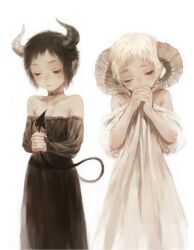 Rule 34 | 2girls, bare shoulders, black dress, black hair, black vs white, brown eyes, closed mouth, commentary request, contrast, covered mouth, cowboy shot, curled horns, demon girl, demon horns, demon tail, dress, eyelashes, flat chest, half-closed eyes, hands up, head tilt, highres, holding own tail, horns, interlocked fingers, jewelry, lace-trimmed sleeves, lace trim, long sleeves, looking down, mame (mmgamegg), multiple girls, necklace, off-shoulder dress, off shoulder, one eye closed, original, own hands together, pointy ears, sheep horns, short hair, side-by-side, simple background, standing, tail, white background, white dress, white hair