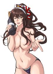 Rule 34 | 1girl, ashigara (kancolle), bottle, breasts, brown eyes, brown hair, cleavage, commentary request, cowboy shot, hair ribbon, hairband, highres, kantai collection, large breasts, long hair, navel, nipples, one-hour drawing challenge, one eye closed, open mouth, panties, purple panties, ribbon, side ponytail, simple background, solo, sozan, standing, topless, underwear, wavy hair, white background, wine bottle