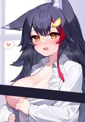 Rule 34 | 1girl, absurdres, alternate costume, animal ear fluff, animal ears, areola slip, bar censor, black hair, blush, breasts, censored, cleavage, closed mouth, deaver, dress shirt, flipped hair, hair ornament, hairclip, heart, heart-shaped pupils, highres, hololive, large breasts, long hair, long sleeves, looking at viewer, multicolored hair, nail polish, naked shirt, no bra, ookami mio, open clothes, open mouth, open shirt, red hair, shirt, sidelocks, simple background, solo, spiked hair, spoken heart, streaked hair, sweat, symbol-shaped pupils, upper body, virtual youtuber, white background, white shirt, wolf ears, yellow eyes