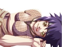 Rule 34 | 1girl, artist request, bodysuit, breasts, fishnet top, fishnets, grin, large breasts, lowres, mitarashi anko, naruto, naruto (series), short hair, smile, solo, tongue, transparent background