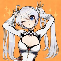 Rule 34 | 1girl, ;o, alternate hairstyle, arms up, blue eyes, bodysuit, breasts, bunching hair, cleavage, collarbone, commentary request, covered navel, grey hair, hair between eyes, head tilt, highres, honkai (series), honkai impact 3rd, kiana kaslana, kiana kaslana (white comet), large breasts, long hair, looking at viewer, naiawakashi, one eye closed, orange background, parted lips, simple background, solo, sparkle, twintails, twintails day, twitter username, v-shaped eyebrows, very long hair, white bodysuit