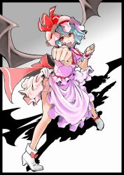 Rule 34 | 1girl, bad id, bad pixiv id, bat wings, blue hair, blush stickers, clenched hand, clenched hands, fang, female focus, foreshortening, hat, legs, mak, red eyes, remilia scarlet, ribbon, short hair, solo, touhou, wings