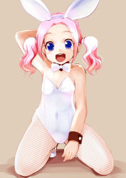 Rule 34 | 1girl, aged down, animal ears, bare shoulders, blue eyes, blush, bow, bowtie, breasts, cleavage, detached collar, fake animal ears, fishnet pantyhose, fishnets, flat chest, kneeling, leotard, lillithlauda, long hair, open mouth, original, pantyhose, pink hair, playboy bunny, rabbit ears, short hair, simple background, smile, solo, twintails, wrist cuffs
