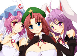 3girls animal_ears blue_eyes braid breasts rabbit_ears dream_c_club dream_c_club_(series) elbow_gloves female_focus gloves hat hong_meiling large_breasts long_hair multiple_girls pink_hair purple_hair red_eyes red_hair reisen_udongein_inaba saigyouji_yuyuko saipin short_hair touhou twin_braids