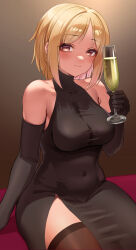 Rule 34 | 1girl, absurdres, alcohol, alternate costume, black dress, black gloves, black thighhighs, blonde hair, blush, breasts, champagne, champagne flute, cup, dress, drinking glass, elbow gloves, eyebrows hidden by hair, girls&#039; frontline, gloves, highres, holding, holding cup, looking at viewer, medium breasts, mp40 (girls&#039; frontline), orange eyes, short hair, sitting, sleeveless, sleeveless dress, smile, solo, thighhighs, toryu fufu