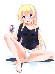 Rule 34 | 10s, 1girl, :d, ahoge, aqua panties, bare legs, barefoot, black shirt, blonde hair, blush, bow, bow panties, can, feet, full body, groin, head tilt, highres, holding, holding can, new game!, nose blush, off shoulder, open mouth, panties, shirt, sitting, smile, solo, spread legs, thighhighs, toes, underwear, yagami-all hail nanao, yagami kou