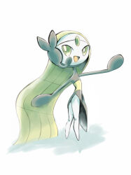 Rule 34 | 1girl, absurdly long hair, absurdres, arm up, asymmetrical hair, black eyes, black skin, colored skin, creatures (company), earpiece, flat chest, forehead jewel, full body, game freak, gen 5 pokemon, green hair, highres, legendary pokemon, long hair, looking to the side, meloetta, meloetta (aria), multicolored skin, musical note, mythical pokemon, neverland+, nintendo, outstretched arm, pokemon, pokemon (creature), simple background, solo, standing, traditional media, two-tone skin, very long hair, white background, white skin