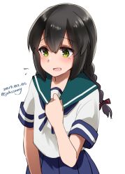 Rule 34 | 1girl, black hair, blue skirt, braid, commentary request, cowboy shot, dated, green eyes, green sailor collar, hair between eyes, highres, isonami (kancolle), johssnny, kantai collection, one-hour drawing challenge, open mouth, pleated skirt, sailor collar, school uniform, serafuku, sidelocks, simple background, skirt, smile, solo, standing, twin braids, twitter username, white background