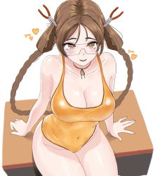 Rule 34 | 1girl, :d, absurdres, aged up, arin6006, arm support, bad id, bad pixiv id, blush, braid, breasts, brown hair, cleavage, collarbone, covered navel, doctor (last origin), feet out of frame, goggles, groin, heart, highres, large breasts, last origin, leotard, long hair, looking at viewer, open mouth, pliers, round teeth, sitting, skin tight, smile, solo, teeth, transparent eyewear, twin braids, very long hair, yellow leotard