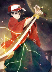 Rule 34 | 1boy, adapted costume, black hair, brown eyes, closed mouth, creatures (company), electricity, embers, fingernails, frown, full moon, game freak, hat, holding, holding sword, holding weapon, male focus, moon, nintendo, pokemon, pokemon rgby, ray090611, red (pokemon), red hat, short hair, solo, sword, weapon, wide sleeves
