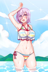 Rule 34 | 1girl, bikini, blush, breasts, cleavage, cowboy shot, eyes visible through hair, fate/grand order, fate (series), gluteal fold, groin, large breasts, light purple hair, looking at viewer, mash kyrielight, navel, open mouth, purple eyes, purple hair, short hair, smile, solo, standing, striped bikini, striped clothes, swimsuit, thigh gap, thighs, yakisobapan tarou &amp; negitoro-ko