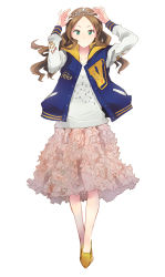 Rule 34 | &gt;:), 1girl, arms up, commentary, fashion, flower skirt, full body, green eyes, highres, hood, hood down, hooded jacket, jacket, long hair, long sleeves, looking at viewer, original, pink skirt, print jacket, print shirt, shirt, simple background, skirt, solo, tiara, white background, white shirt, yellow footwear, yoshito