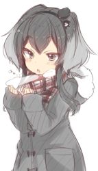 Rule 34 | 10s, 1girl, anchor symbol, black hair, breath, brown eyes, check commentary, checkered clothes, checkered scarf, chestnut mouth, coat, commentary request, fur, grey eyes, hairband, highres, hood, hoodie, jacket, kantai collection, long sleeves, multicolored hair, open mouth, plaid, plaid scarf, scarf, short hair, short hair with long locks, sleeves past wrists, solo, steam, takeshima eku, tokitsukaze (kancolle), white hair