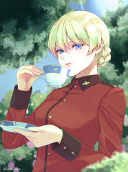 Rule 34 | 1girl, blue sky, blurry, blurry background, blurry foreground, braid, closed mouth, commentary, cup, darjeeling (girls und panzer), day, english commentary, female focus, forest, girls und panzer, highres, holding, holding cup, holding saucer, jacket, long sleeves, looking at viewer, military uniform, nature, outdoors, queen elicca, red jacket, saucer, short hair, sky, smile, solo, st. gloriana&#039;s military uniform, teacup, twitter username, uniform, upper body