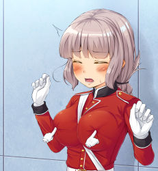 Rule 34 | 1girl, between breasts, blush, braid, breasts, combo counter, commentary request, disembodied limb, fate/grand order, fate (series), florence nightingale (fate), gloves, highres, kitsunerider, large breasts, long hair, military, military uniform, nipple press, nipple stimulation, open mouth, pink hair, solo, strap between breasts, textless version, translation request, uniform, upper body, white gloves