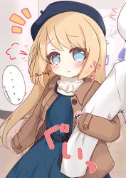 Rule 34 | ..., 1girl, 1other, :t, ^^^, alternate costume, arm hug, beret, black flower, black rose, blonde hair, blue dress, blue eyes, blue headwear, blush, brown jacket, closed mouth, commentary request, dress, english text, flower, flying sweatdrops, hat, highres, jacket, jervis (kancolle), kantai collection, long hair, long sleeves, looking at viewer, notice lines, open clothes, open jacket, pout, ridy (ri sui), rose, sleeves past wrists, spoken ellipsis, translation request, very long hair