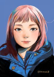 Rule 34 | 1girl, absurdres, artist name, blue background, brown eyes, coat, commentary request, eyebrows, highres, junjunforever, lips, looking at viewer, nose, original, pink hair, short hair, simple background, solo, text focus, twitter username