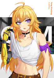 Rule 34 | 1girl, absurdres, ahoge, belt, blonde hair, breasts, clothes lift, collarbone, davidstok, highres, jewelry, long hair, midriff, navel, necklace, open mouth, prosthesis, purple armband, purple eyes, rwby, shirt, shirt lift, solo, sweat, tank top, toned, white shirt, yang xiao long