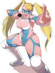 Rule 34 | 1girl, aiba-tsukiko, blonde hair, blue eyes, breasts, cleavage, cleavage cutout, clothing cutout, curvy, large breasts, leotard, long hair, looking at viewer, mask, microphone, open mouth, pointing, pointing at viewer, rainbow mika, solo, standing, street fighter, street fighter v, thick thighs, thighs, twintails, very long hair, white background, wide hips, wrestling outfit