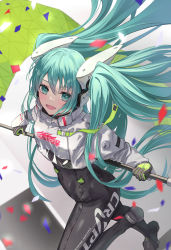 Rule 34 | 1girl, :d, absurdres, asymmetrical bodysuit, black bodysuit, bodysuit, breasts, commentary request, confetti, covered navel, eyebrows hidden by hair, flag, green eyes, green hair, hair between eyes, hatsune miku, headgear, highres, holding, holding flag, jacket, long hair, looking at viewer, open mouth, racing miku, racing miku (2022), shoe soles, small breasts, smile, solo, tooku0, twintails, very long hair, vocaloid, white jacket