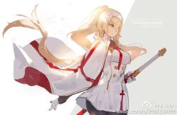 Rule 34 | 1girl, artist name, blonde hair, blue eyes, breasts, buttons, cape, copyright name, double-breasted, duke of york (zhan jian shao nyu), emblem, england, english flag, english text, engrish text, flag print, flower, gloves, hair flower, hair ornament, hair over one eye, hairband, holding, holding weapon, jacket, kishiyo, long hair, military, military uniform, necktie, pantyhose, pleated skirt, ponytail, ranguage, red necktie, scabbard, sheath, simple background, sketch, skirt, solo, standing, sword, text focus, uniform, united kingdom, very long hair, warship girls r, watermark, weapon, web address, weibo watermark, white gloves, white jacket, white skirt
