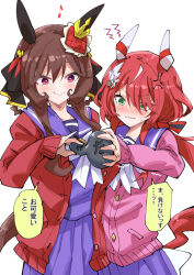 2girls animal_ears brown_hair cardigan ear_covers gentildonna_(umamusume) green_eyes horse_ears horse_girl horse_tail long_hair multiple_girls nodachi_(artist) pink_cardigan red_hair school_uniform simple_background tail tracen_school_uniform umamusume win_variation_(umamusume)