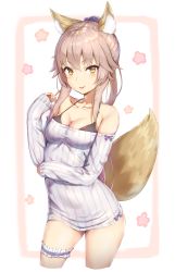 Rule 34 | 10s, 1girl, alternate costume, animal ears, bare shoulders, black bra, blush, bra, breasts, cleavage, collarbone, contrapposto, cropped legs, fate/extra, fate (series), female focus, fox ears, fox tail, hair ornament, hair scrunchie, hand up, highres, bridal garter, long hair, long sleeves, looking at viewer, medium breasts, pink hair, ponytail, reinama, ribbed sweater, scrunchie, smile, solo, standing, sweater, tail, tamamo (fate), tamamo no mae (fate/extra), underwear, yellow eyes