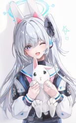 Rule 34 | 1girl, absurdres, animal ears, black bow, blue archive, bow, dana (hapong07), fake animal ears, hair between eyes, hair bow, halo, heart, highres, holding animal, holding rabbit, long hair, long sleeves, looking at viewer, miyako (blue archive), neckerchief, one eye closed, open mouth, pink neckerchief, purple eyes, rabbit, rabbit ears, sailor collar, school uniform, simple background, smile, solo, star (symbol), upper body, white background, white hair, white sailor collar
