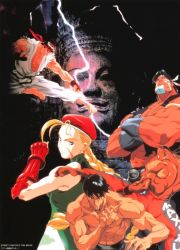 Rule 34 | 1990s (style), 1girl, 4boys, black hair, blonde hair, cammy white, capcom, cover, dee jay, dougi, fei long, flying kick, karate gi, kicking, long hair, looking at viewer, mexico, multiple boys, murase shuko, muscular, native american, official art, open mouth, retro artstyle, ryu (street fighter), serious, short hair, spandex, statue, street fighter, street fighter ii (movie), street fighter ii (series), thunder, thunder hawk, topless male