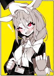 Rule 34 | !, 1girl, absurdres, animal ear fluff, animal ears, blush, bow, clipboard, dress shirt, glasses, hair between eyes, hair bow, headpat, highres, holding, holding clipboard, hololive, jacket, long hair, long sleeves, one eye closed, open clothes, open jacket, pencil skirt, rabbit-shaped pupils, rabbit ears, red eyes, shirt, skirt, solo focus, symbol-shaped pupils, unexistarts, usada pekora, virtual youtuber, yellow background