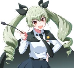 Rule 34 | 1girl, anchovy (girls und panzer), anzio school uniform, black cape, black necktie, black ribbon, cape, commentary, dress shirt, drill hair, emblem, girls und panzer, green hair, hair ribbon, highres, holding, long hair, long sleeves, looking at viewer, nakaba neteru, necktie, open mouth, pleated skirt, red eyes, ribbon, riding crop, school uniform, shirt, simple background, skirt, smile, solo, standing, twin drills, twintails, white background, white shirt