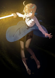 Rule 34 | 1girl, artoria pendragon (all), artoria pendragon (fate), bad id, bad pixiv id, blonde hair, boots, bow, braid, brown footwear, casual, club3, cross-laced footwear, dark background, fate/stay night, fate (series), glowing, glowing sword, glowing weapon, green eyes, hair bun, hair ribbon, highres, lace-up boots, long skirt, pantyhose, ribbon, saber (fate), single hair bun, skirt, solo, sword, weapon, wind, wind lift