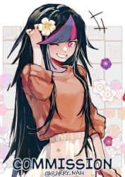 Rule 34 | 1girl, alternate costume, artist name, barry nah, black hair, blue hair, brown sweater, commentary, commission, danganronpa (series), danganronpa 2: goodbye despair, english commentary, floral background, floral print, flower, grey hair, grin, hair flower, hair ornament, highres, long hair, looking at viewer, medium skirt, mioda ibuki, multicolored hair, one eye closed, piercing, pink eyes, pink hair, skirt, smile, solo, sweater, sweater tucked in, white flower, white skirt, yellow flower