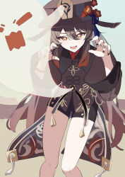 Rule 34 | 1girl, black nails, black shorts, boo tao (genshin impact), brown hair, chinese clothes, flower, flower-shaped pupils, genshin impact, hat, hat ornament, highres, homake, hu tao (genshin impact), jewelry, long hair, long sleeves, looking at viewer, open mouth, plum blossoms, porkpie hat, red eyes, red shirt, ring, shirt, shorts, sidelocks, simple background, symbol-shaped pupils, thighs, twintails