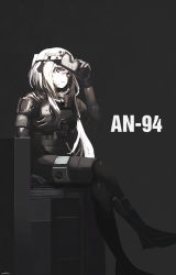 Rule 34 | 1girl, adjusting goggles, an-94 (girls&#039; frontline), an-94 (the diving bell and the doll) (girls&#039; frontline), blonde hair, blue eyes, bodysuit, character name, commentary, crossed legs, diving mask, diving mask on head, diving suit, expressionless, girls&#039; frontline, gloves, goggles, goggles on head, highres, kanoe (kanoe502), long hair, official alternate costume, resolution mismatch, sitting, solo, source larger, wetsuit