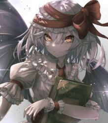 Rule 34 | 1girl, absurdres, ascot, bat wings, book, bow, closed mouth, collared shirt, commentary, eyelashes, frilled shirt collar, frills, grey hair, hair between eyes, hair bow, hair ribbon, highres, holding, holding book, looking at viewer, medium hair, red ascot, red bow, red eyes, red ribbon, remilia scarlet, ribbon, shirt, smile, touhou, tqg 07, upper body, white shirt, wings, wrist cuffs